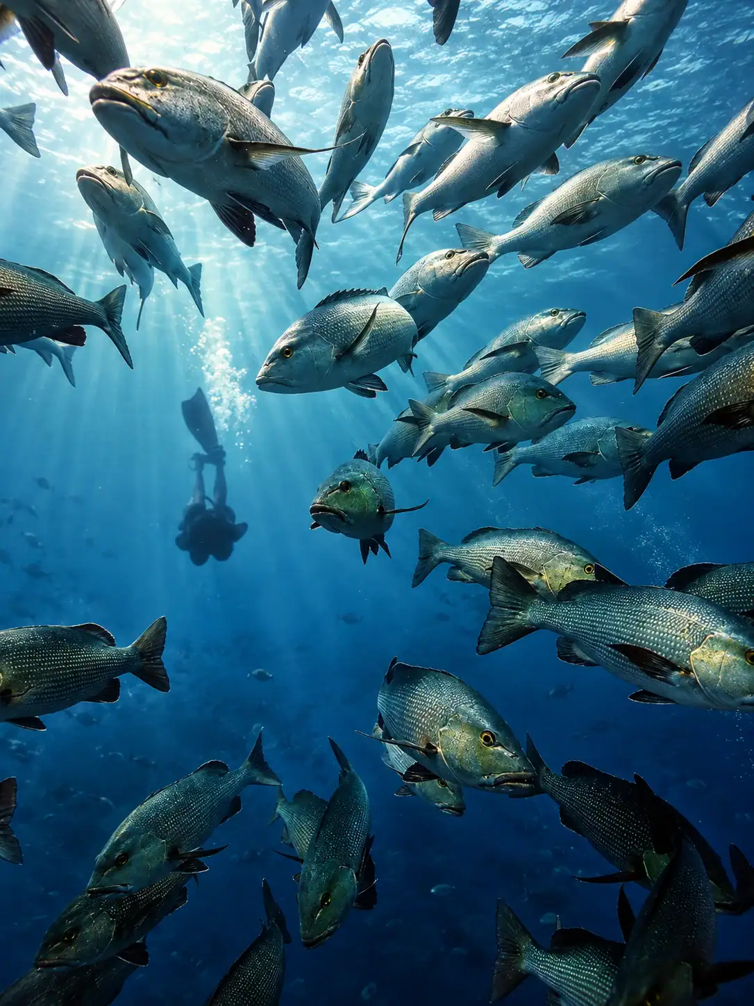 Underwater Photography in Sharm El Sheikh, Egypt School of fish with a female snorkeller in the background in Sharm El Sheikh, Egypt