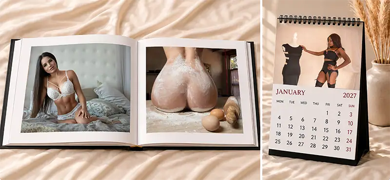Collection of printed boudoir photographs and small albums showcasing sensual portraits of women
