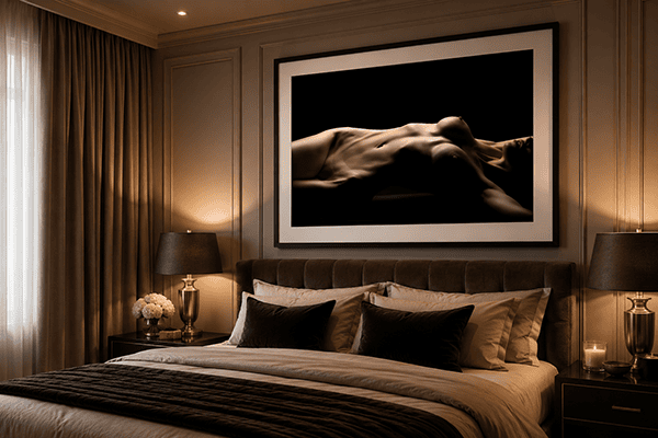 Framed boudoir photography print featuring a confident woman posed on a bed, styled in soft natural light, resting against a bedroom wall on wooden flooring.