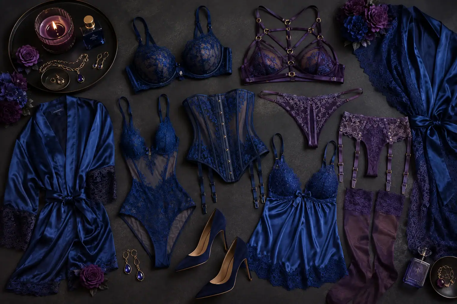 Deep blue and purple lingerie, corsetry, satin robes, stockings and heels arranged as boudoir photoshoot outfit inspiration