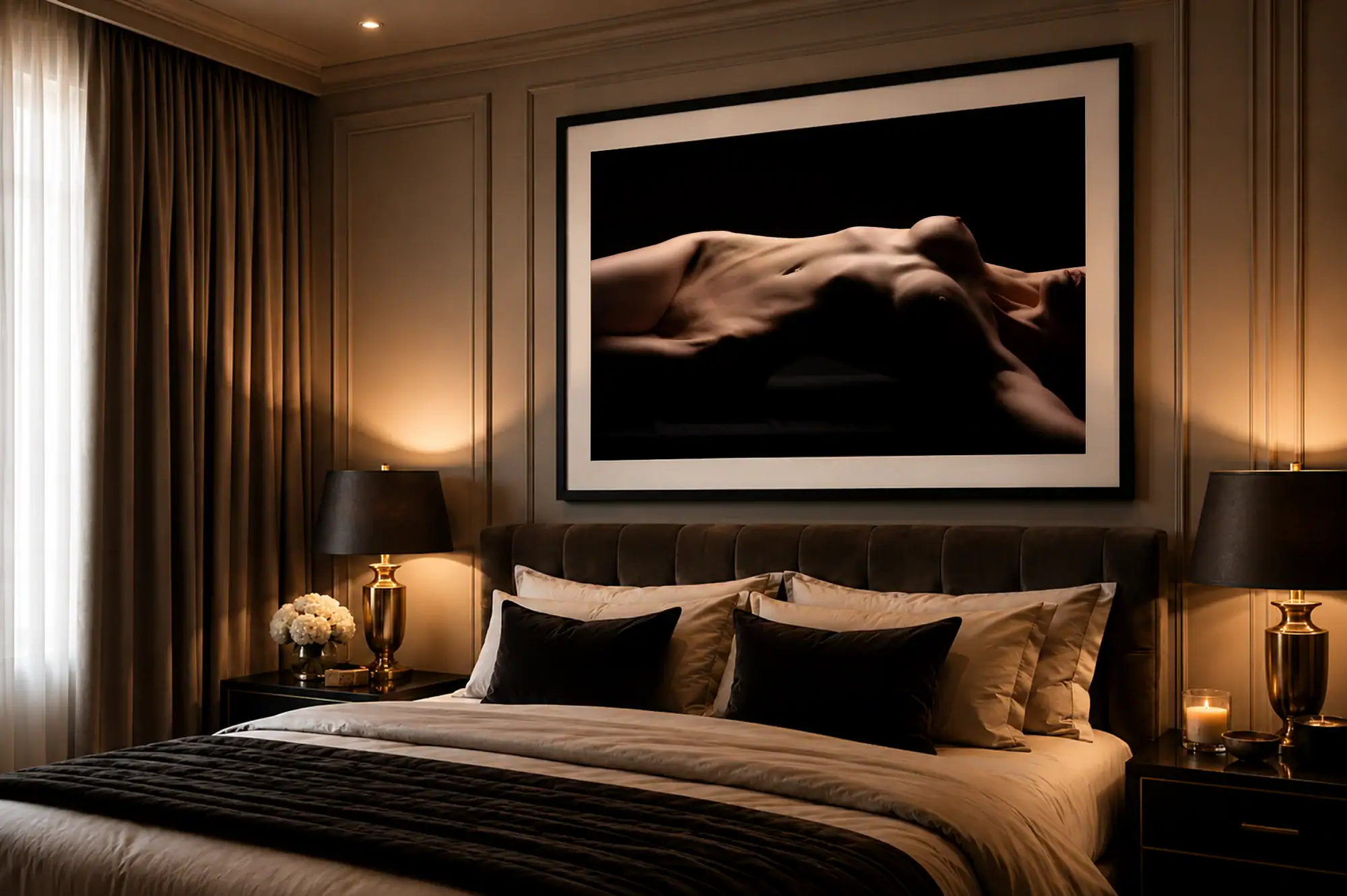 Fine Art Boudoir Bedroom Wall Art Framed fine art nude photograph displayed as luxury bedroom wall art