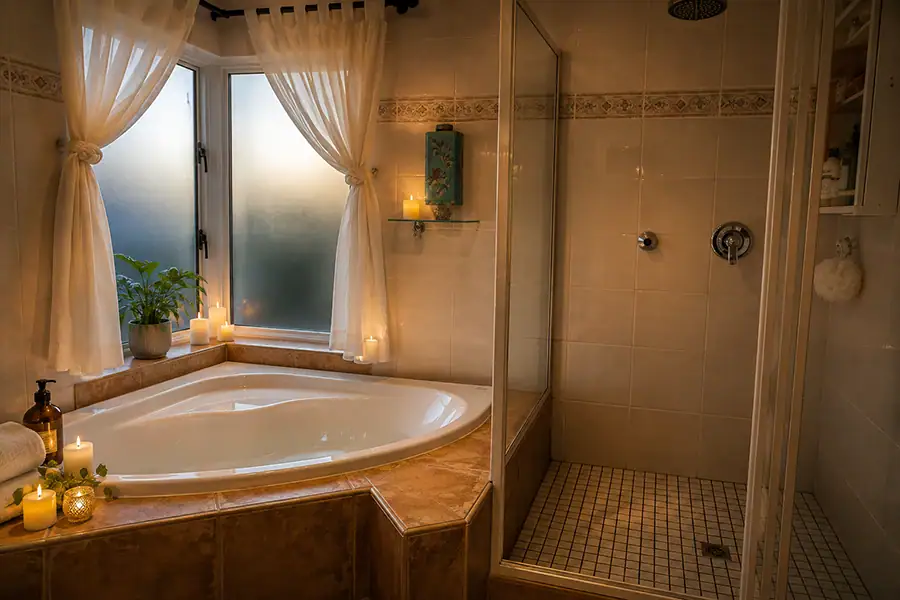 Luxury Bathroom and Shower Set | Boudoir Fusion Photography Johannesburg Luxury bathroom photography set with a corner bath, walk in shower and elegant styling at Boudoir Fusion Photography's private Johannesburg studio.