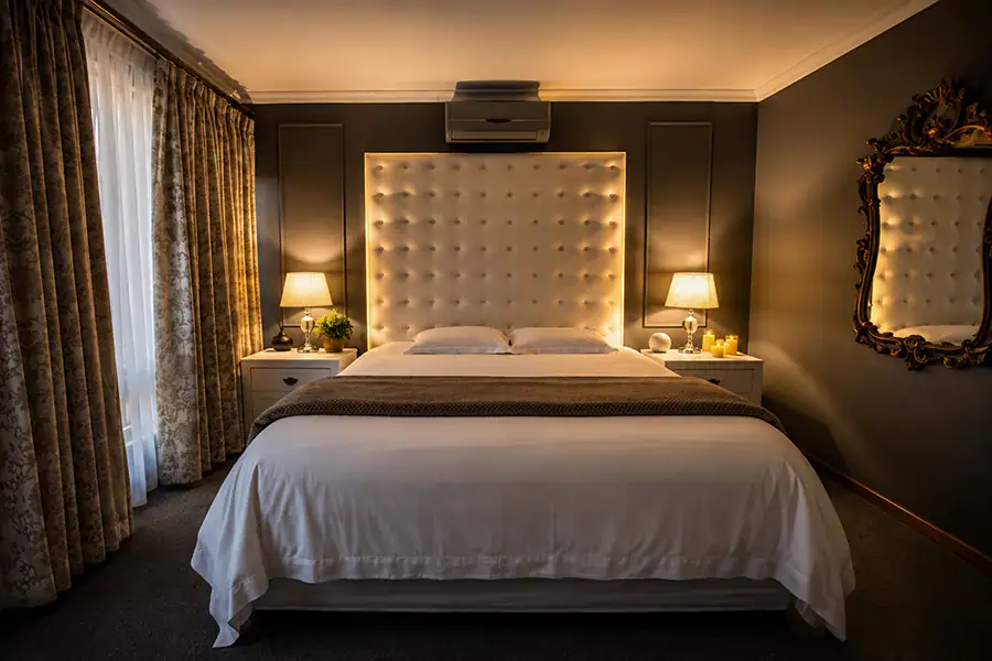 Luxury Bedroom Suite | Boudoir Fusion Photography Johannesburg Luxury bedroom suite at Boudoir Fusion Photography's private Johannesburg studio, featuring an elegant upholstered bed, ambient lighting and sophisticated décor for timeless boudoir photography.