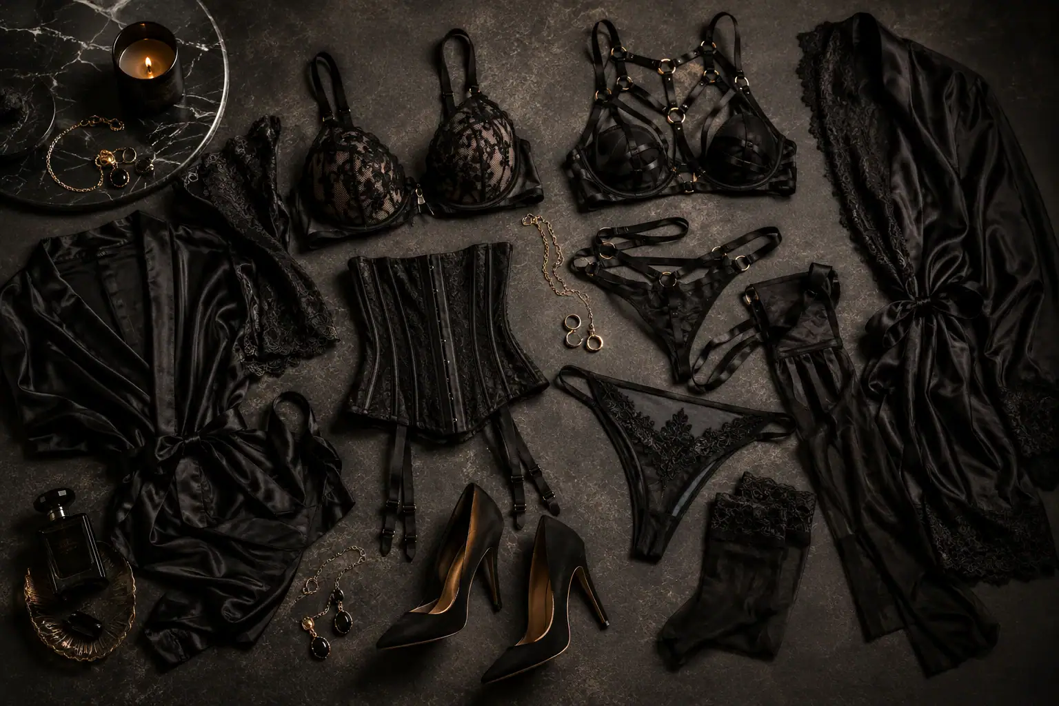 Black lingerie, corset, stockings, heels and accessories arranged as boudoir photoshoot outfit ideas