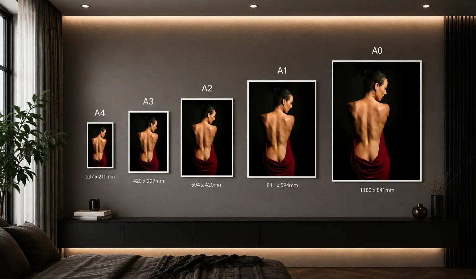 Boudoir Photography Wall Art Sizes A4 to A0 Boudoir photography wall art displayed in A4, A3, A2, A1 and A0 sizes
