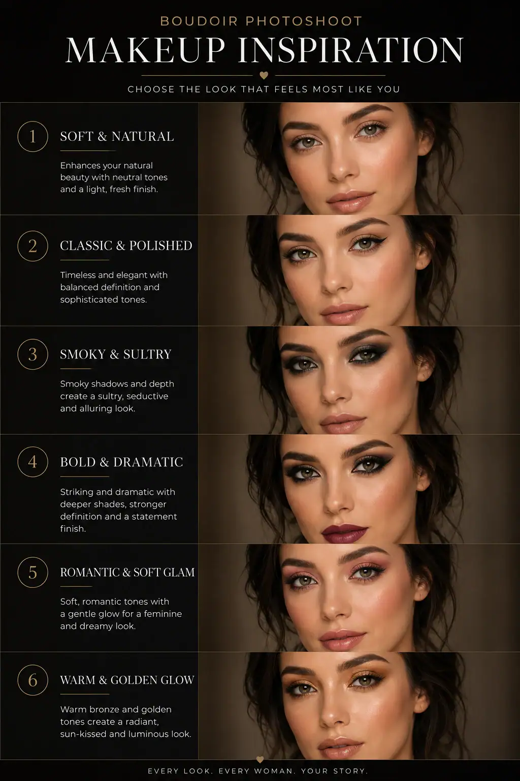 Six professional makeup looks for a boudoir photoshoot, from soft and natural to smoky, sultry and dramatic.
