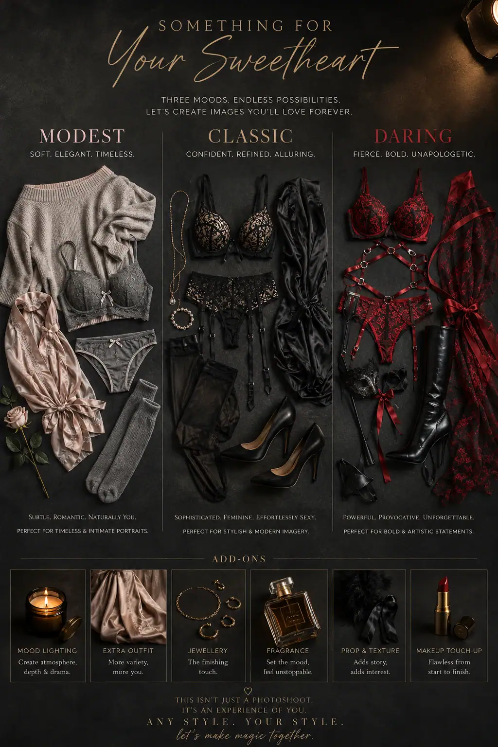 Boudoir photoshoot outfit ideas from modest and classic lingerie to more daring styles and accessories