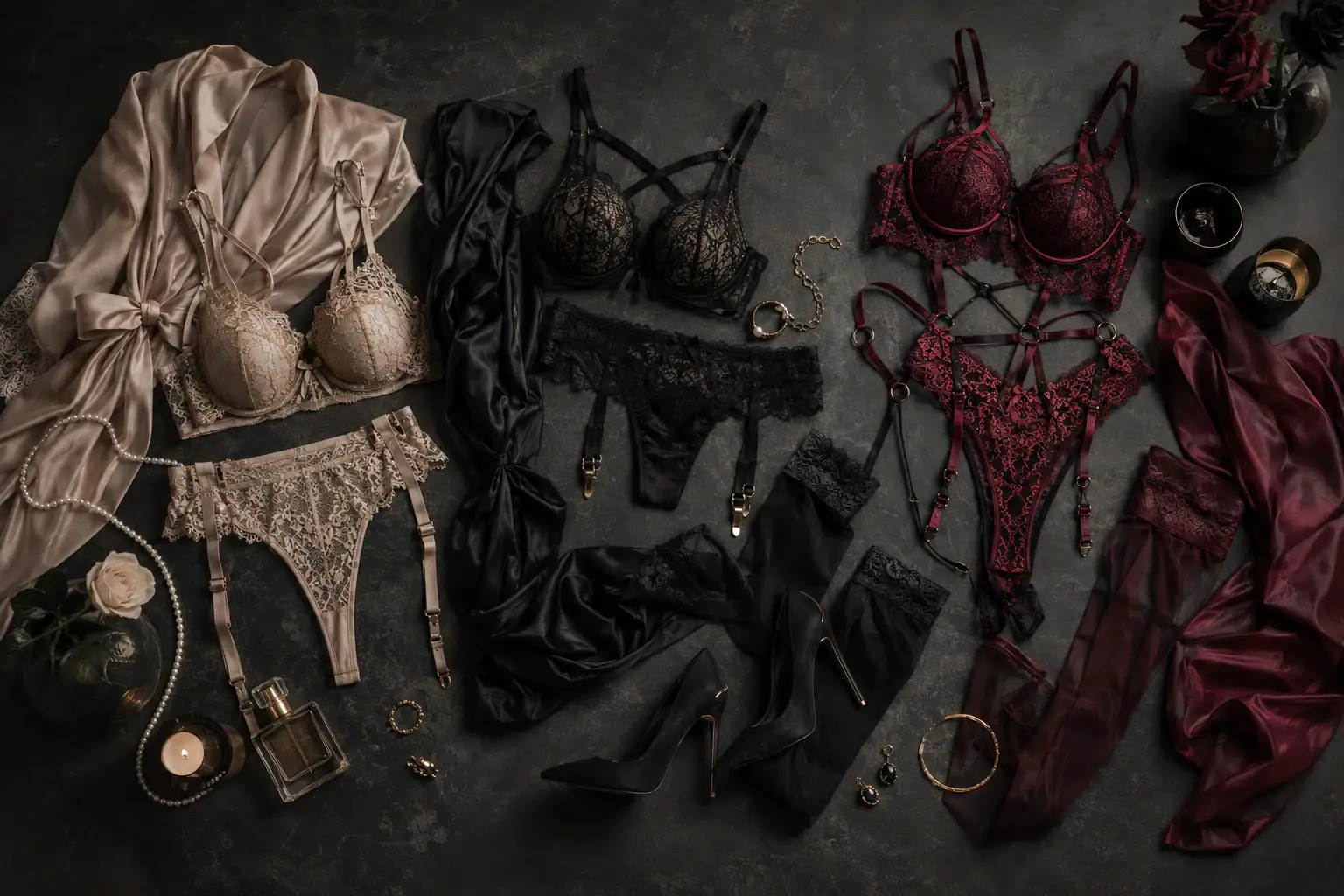 Boudoir wardrobe ideas with lingerie, robes, stockings, heels and accessories for a photoshoot