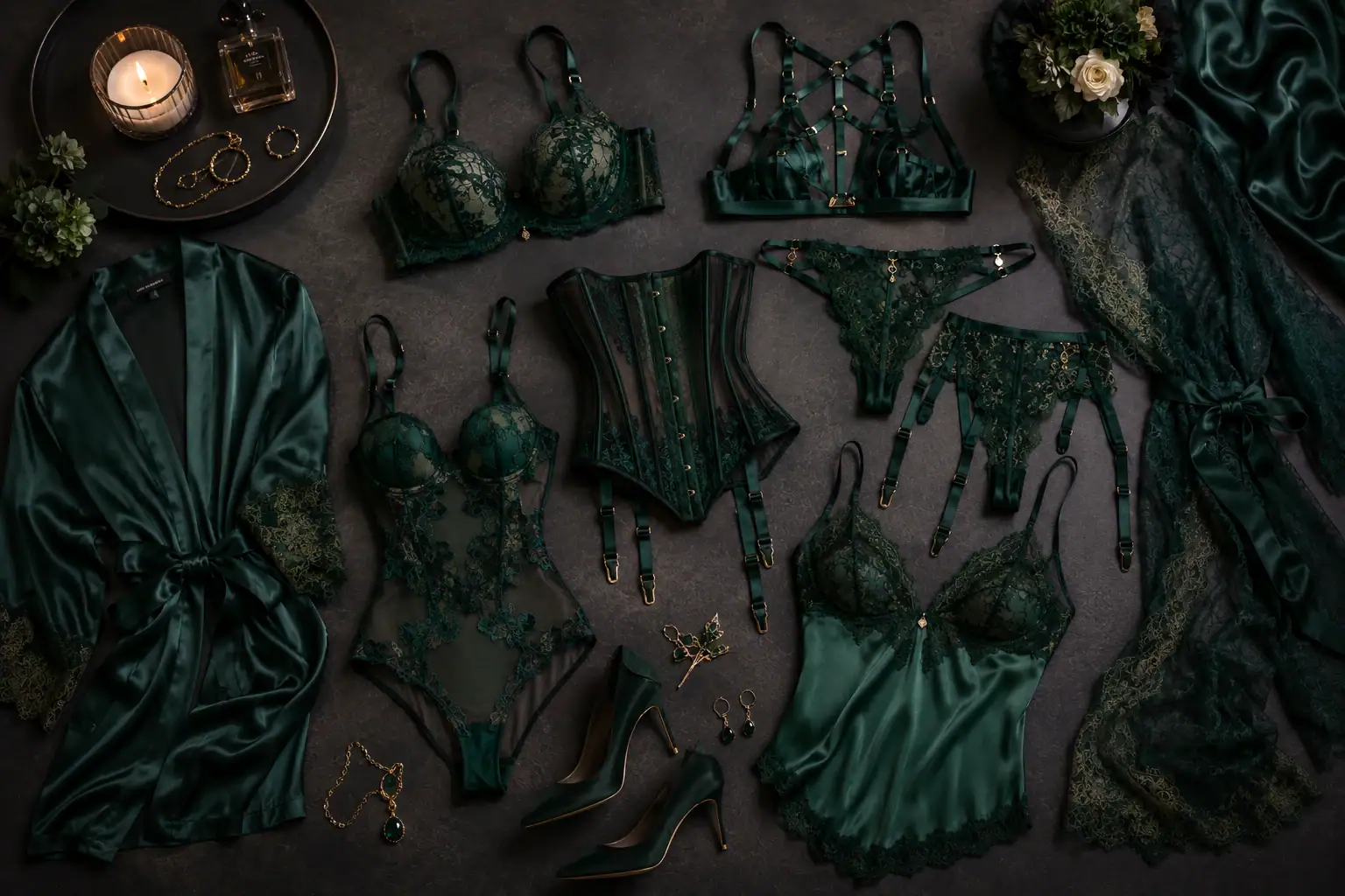 Emerald green satin lingerie and robe flat lay with corset, garter belts, lace underwear, heels, and jewelry on a dark surface.