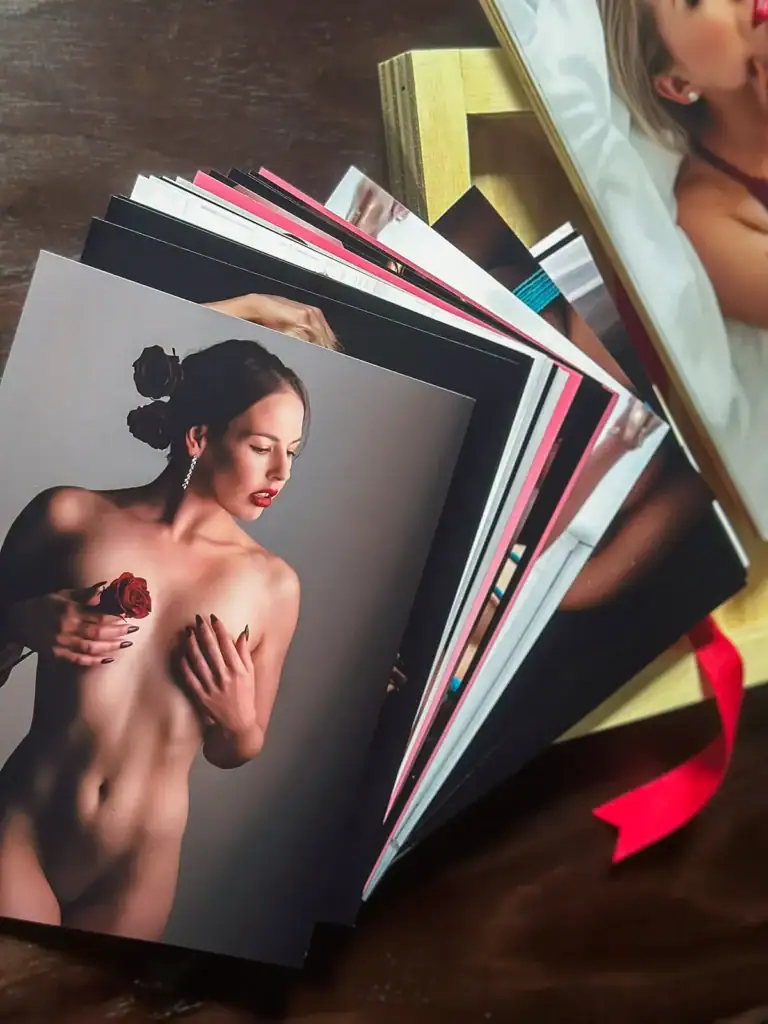 Luxury Boudoir PhotoBox Printed Collection Collection of professionally printed boudoir photographs presented in a luxury gold PhotoBox