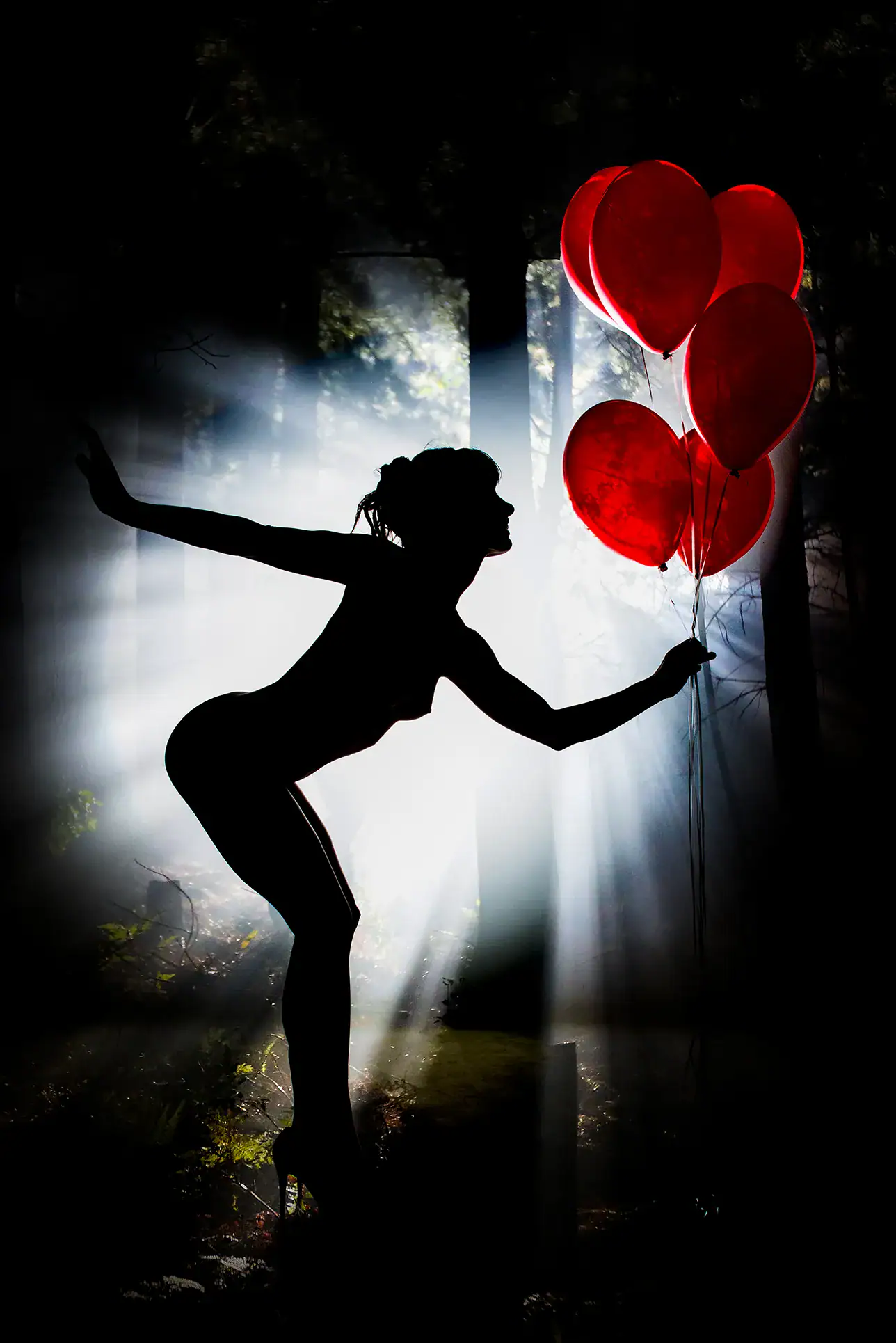 Red Balloons Conceptual Silhouette Female silhouette reaching towards bright red balloons in a dramatic backlit conceptual photograph