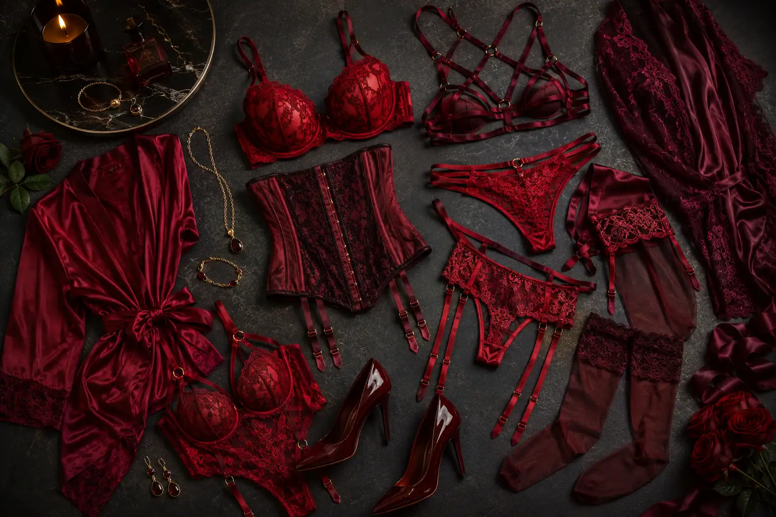 Red lingerie, corset, stockings, robe and heels arranged as boudoir photoshoot outfit inspiration