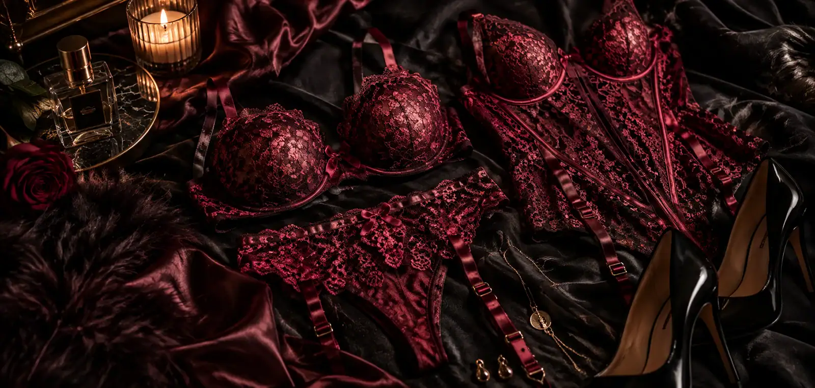 What to Wear for a Boudoir Photoshoot Johannesburg Burgundy lace lingerie and black heels arranged for a boudoir photoshoot in Johannesburg